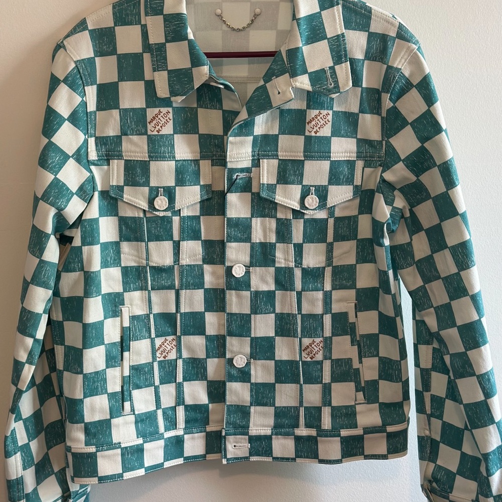 Louis Vuitton Green and White Lightweight Checkered Jacket